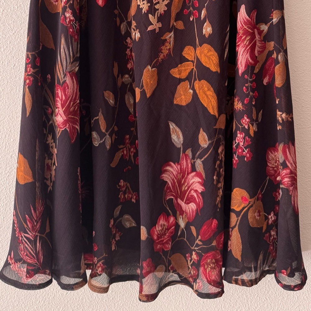 Floral Whimsical Midi Skirt Brown with Pink & Gold Floral Print - Picture 2 of 4